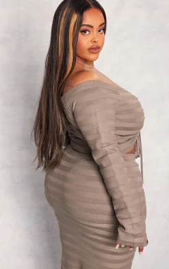 Plus Khaki Wide Rib Knit Ruched Front Top