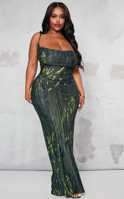 Plus Khaki Zebra Printed Plisse Cowl Neck Maxi Dress