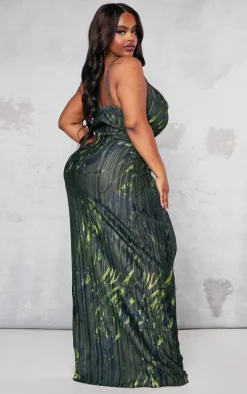 Plus Khaki Zebra Printed Plisse Cowl Neck Maxi Dress