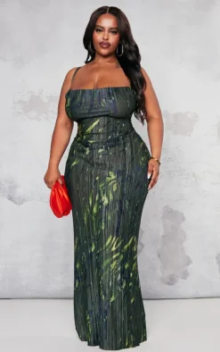 Plus Khaki Zebra Printed Plisse Cowl Neck Maxi Dress