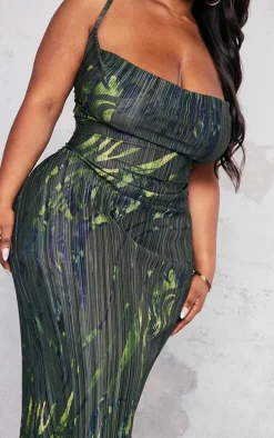 Plus Khaki Zebra Printed Plisse Cowl Neck Maxi Dress