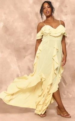 Plus Lemon Cold Shoulder Ruffle Detail Maxi Dress