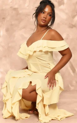 Plus Lemon Cold Shoulder Ruffle Detail Maxi Dress