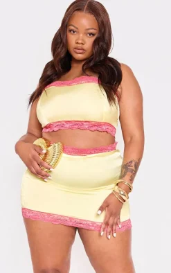 Plus Lemon Lace Detail Cropped Satin Top