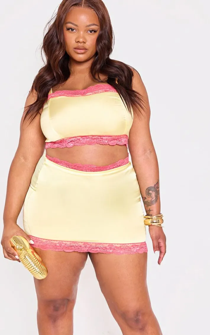 Plus Lemon Lace Detail Satin Mini Skirt