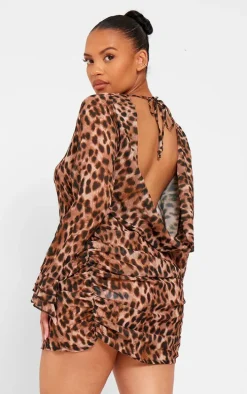 Plus Leopard Print Chiffon Cowl Back Shift Dress
