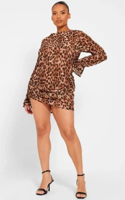 Plus Leopard Print Chiffon Cowl Back Shift Dress