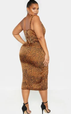 Plus Leopard Print Strappy Satin Cowl Midi Dress