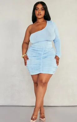 Plus Light Blue Acetate Slinky One Shoulder Bodycon Dress