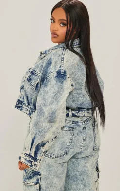 Plus Light Blue Acid Wash Pocket Detail Crop Denim Jacket