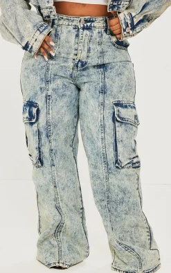 Plus Light Blue Acid Wash Pocket Detail Cargo Wide Leg Jeans