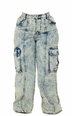 Plus Light Blue Acid Wash Pocket Detail Cargo Wide Leg Jeans