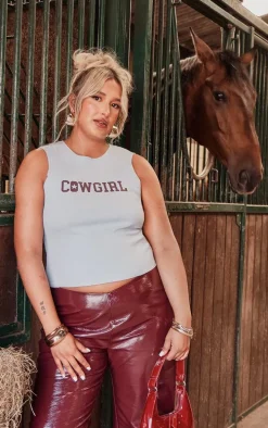 Plus Light Blue Cowgirl Graphic Racer Crop Top