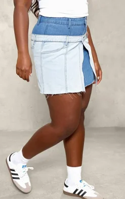 Plus Light Blue Deconstructed Panel Denim Mini Skirt