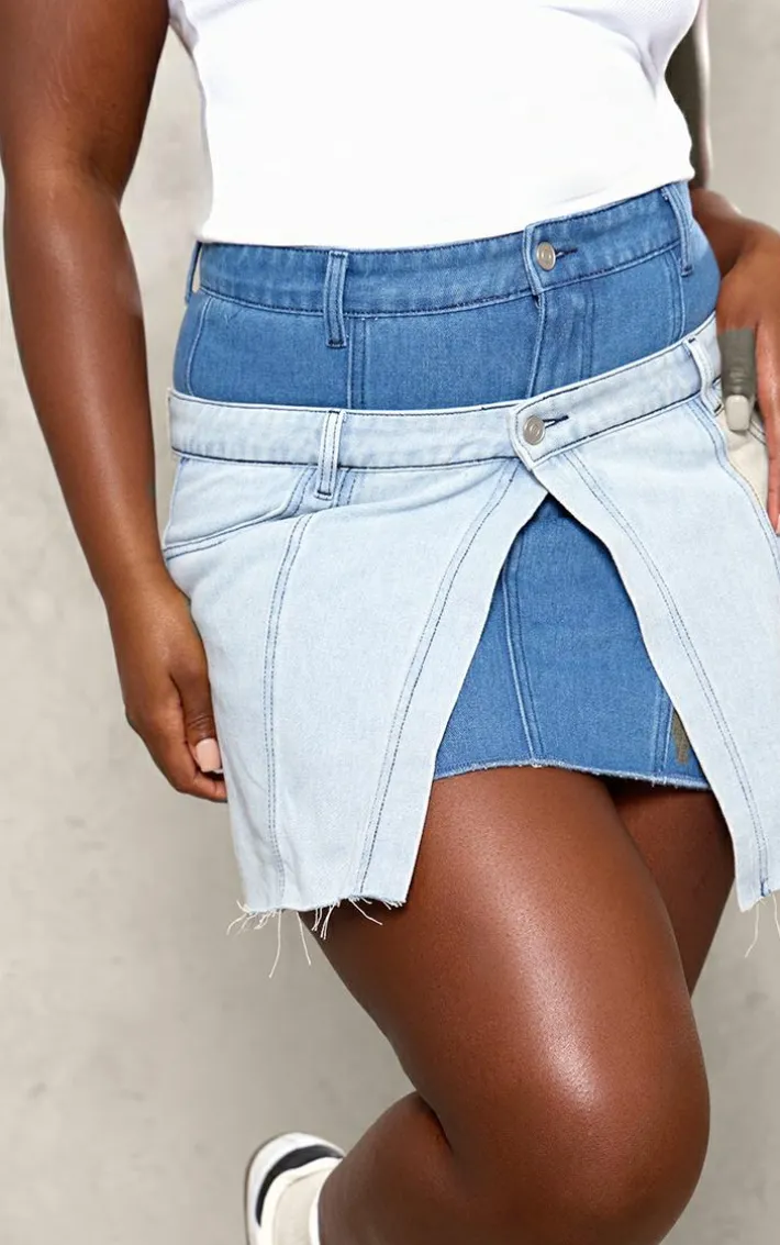 Plus Light Blue Deconstructed Panel Denim Mini Skirt