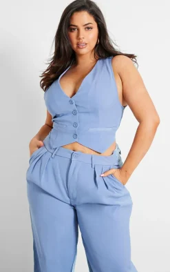 Plus Light Blue Denim Contrast Tailored Vest