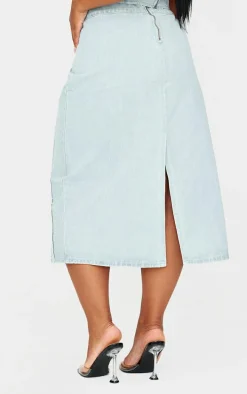 Plus Light Blue Frayed Seams Detail Denim Midaxi Skirt