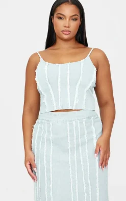 Plus Light Blue Frayed Seam Detail Denim Corset