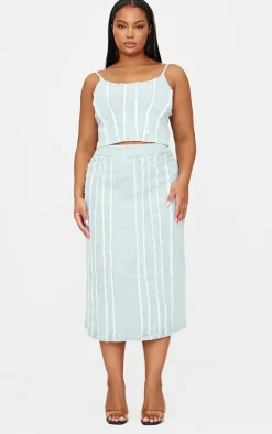 Plus Light Blue Frayed Seam Detail Denim Corset