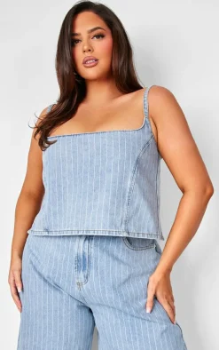 Plus Light Blue Pinstripe Crop Denim Top