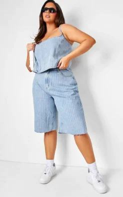 Plus Light Blue Pinstripe Crop Denim Top