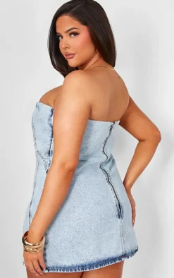 Plus Light Blue Seam Fold Over Bust Detail Denim Dress