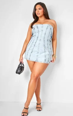 Plus Light Blue Seam Fold Over Bust Detail Denim Dress