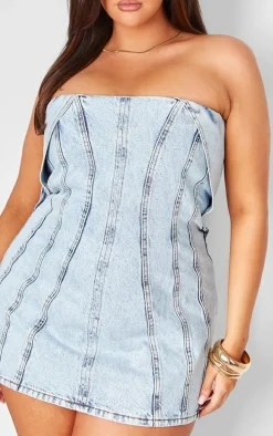 Plus Light Blue Seam Fold Over Bust Detail Denim Dress