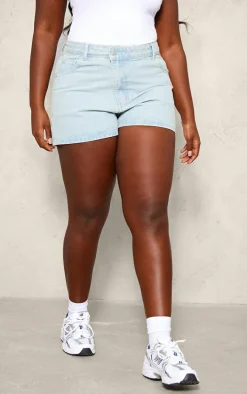 Plus Light Blue Wash Asymmetric Waistband Boyfriend Shorts