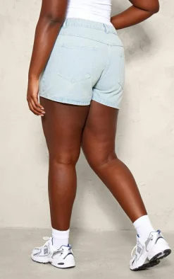Plus Light Blue Wash Asymmetric Waistband Boyfriend Shorts
