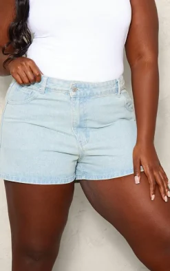 Plus Light Blue Wash Asymmetric Waistband Boyfriend Shorts