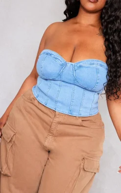 Plus Light Blue Wash Bandeau Denim Corset