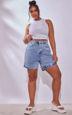 Plus Light Blue Wash Distressed Longline Denim Shorts