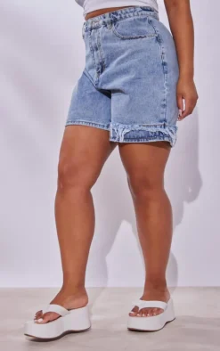 Plus Light Blue Wash Distressed Longline Denim Shorts