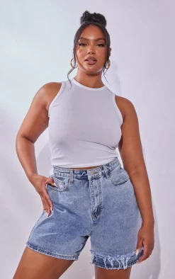 Plus Light Blue Wash Distressed Longline Denim Shorts