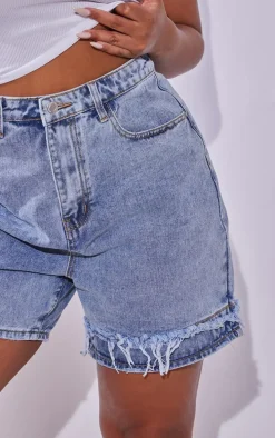Plus Light Blue Wash Distressed Longline Denim Shorts