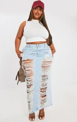 Plus Light Blue Wash Extreme Fraying Detail Denim Maxi Skirt