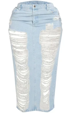 Plus Light Blue Wash Extreme Fraying Detail Denim Maxi Skirt