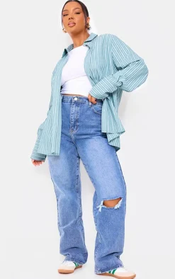 Plus Light Blue Wash Open Knee Long Leg Straight Leg Jeans