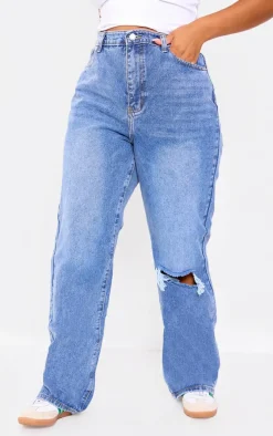 Plus Light Blue Wash Open Knee Long Leg Straight Leg Jeans