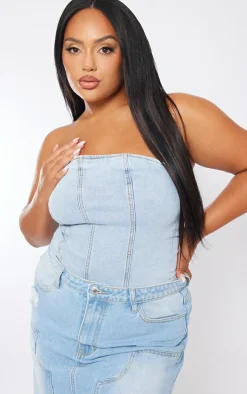 Plus Light Blue Wash Seam Detail Stretch Denim Corset