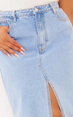 Plus Light Blue Wash Split Front Denim Maxi Skirt