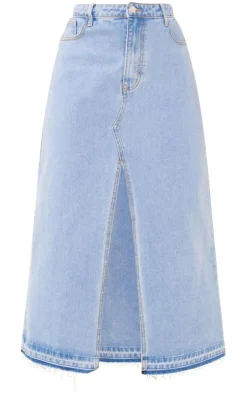 Plus Light Blue Wash Split Front Denim Maxi Skirt