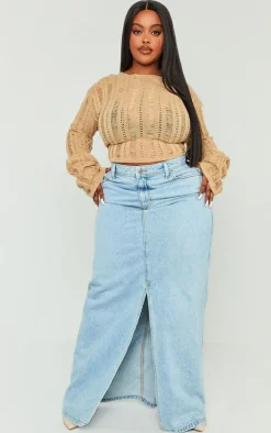 Plus Light Blue Wash Split Front Maxi Denim Skirt