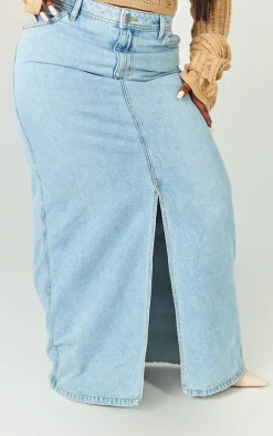 Plus Light Blue Wash Split Front Maxi Denim Skirt