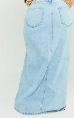 Plus Light Blue Wash Split Front Maxi Denim Skirt