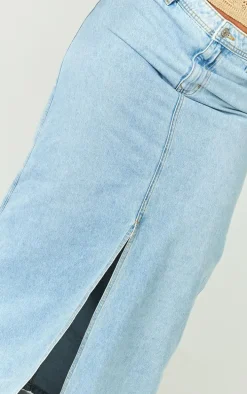 Plus Light Blue Wash Split Front Maxi Denim Skirt