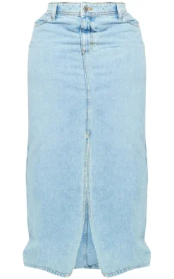 Plus Light Blue Wash Split Front Maxi Denim Skirt