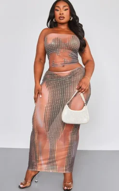 Plus Light Brown Printed Mesh Diamante Hot Fix Low Rise Maxi Skirt