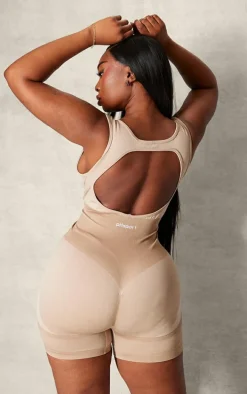 Plus Light Mocha Seamless Open Back Jacquard Unitard